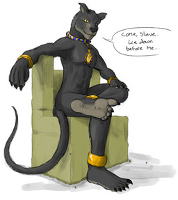 abs anklet anthro bangle barefoot biped black_claws black_nose bracelet chair claws collar collar_tag crossed_legs dialogue feet fur furniture gold_(metal) gold_jewelry grey_body grey_fur hindpaw humanoid_feet humanoid_hands jewelry looking_at_viewer male nude paws pecs plantigrade simple_background sitting slave slim smile solo speech_bubble text throne white_background wristband yellow_eyes diablo_the_rex canid canine canis jackal mammal english_text