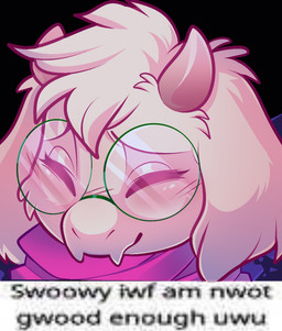anthro blush eyes_closed eyewear fangs femboy floppy_ears glasses hair horn lop_ears male male_anthro round_glasses scarf solo teeth text uwu wearing_glasses white_hair cookiethecabbit deltarune undertale_(series) ralsei bovid caprine goat mammal 2025 digital_media_(artwork) headshot_portrait hi_res image_macro meme portrait reaction_image