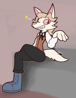 4_fingers anthro black_bottomwear black_clothing black_pants blue_boots blue_clothing blue_footwear boots bottomwear clothing crossed_legs fingers footwear fur grin hair looking_away male motion_lines one_eye_closed pants pink_inner_ear pink_nose pink_sclera pupils raised_arm red_clothing red_eyes red_pupils red_topwear red_vest sharp_teeth shirt shoes sitting smile solo star tan_body tan_fur tan_hair teeth topwear vest white_clothing white_shirt white_topwear wink ultilix canid canine fox mammal 2022 character_request hi_res