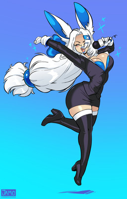 accessory big_breasts black_clothing black_footwear black_high_heels black_miniskirt blue_background blue_bra blue_clothing blue_lipstick blue_underwear bottomwear bra breasts cleavage clothed clothing collared_shirt dress_shirt electronics eye_through_hair eyebrow_through_hair eyebrows eyelashes eyes_closed female footwear gloves gradient_background hair hair_accessory hairband handwear high_heels holding_microphone holding_object legwear lipstick long_ears long_hair makeup microphone miniskirt open_mouth open_smile shirt shoes simple_background singing skirt smile solo stockings suit_jacket text thigh_highs tongue topwear translucent translucent_hair underwear white_hair jamoart animal_humanoid humanoid lagomorph lagomorph_humanoid leporid_humanoid mammal mammal_humanoid rabbit_humanoid 2026 absurd_res artist_name hi_res
