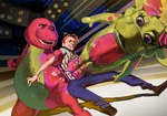 2023 action_pose anthro arm_grab baby_bop barney_and_friends barney_the_dinosaur blessed_image blood bodily_fluids bottomwear ceratopsian clothed clothing crossover denim denim_bottomwear denim_clothing dinosaur eyebrows eyelashes female fight fighting_ring flying_kick footwear group hair hi_res hieumayart human humor impact_lines inside jeans jeremy_harrington jerma985 jumping kick male mammal meme midair motion_lines open_mouth open_smile ornithischian pants pose real_world reptile scalie shadow shirt shoes smile spotlight standing teeth theropod topwear triceratops trio tyrannosaurid tyrannosauroid tyrannosaurus wounded wrestling