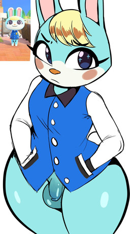 balls blonde_hair bottomless clothed clothing femboy flaccid foreskin genitals hair jacket letterman_jacket male partially_clothed penis solo thick_thighs topwear topwear_only isolatedartest animal_crossing nintendo sasha_(animal_crossing) lagomorph leporid mammal rabbit