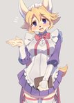 anthro black_nose blonde_hair blush book bottomwear bow_tie breasts clothing cute_fangs fangs female female_anthro fur hair holding_object kemono legwear maid_uniform open_mouth purple_eyes simple_background skirt solo tan_body tan_fur teeth thigh_highs uniform sgsix cyberconnect2 little_tail_bronx solatorobo flo_financier canid canine caninu canis chihuahua domestic_dog mammal toy_dog 2019 hi_res portrait three-quarter_portrait