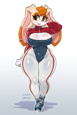 anthro areola areola_slip big_breasts blush bottomwear breasts clothed clothing ear_piercing eyelashes female floppy_ears footwear fully_clothed gloves hair handwear huge_ears leotard long_ears looking_aside markings mature_female mole_(marking) navel navel_piercing nipple_outline orange_eyes orange_hair pants piercing shoes short_hair simple_background smile sneakers solo text thick_thighs tight_bottomwear tight_clothing tight_pants white_background wide_hips ichig8miruku sega sonic_the_hedgehog_(series) vanilla_the_rabbit lagomorph leporid mammal rabbit 2026 absurd_res artist_name hi_res