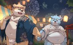 anthro asian_clothing belly big_belly blue_body blue_eyes blush bulge clothing detailed_background detailed_bulge duo east_asian_clothing eyewear festival fireworks food fundoshi glasses hand_holding humanoid_hands japanese_clothing jinbei_(clothing) kemono male male/male navel night outside overweight overweight_male underwear white_body white_clothing white_fundoshi white_underwear morain_xs bear canid canine canis domestic_dog mammal 2022 hi_res