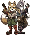 anthro back_to_back black_nose canid canine canis claws duo electronics fox fox_mccloud fur green_eyes gun handgun headgear headphones headset hirecya male mammal nintendo ranged_weapon red_eyes simple_background smile star_fox weapon wolf wolf_o'donnell