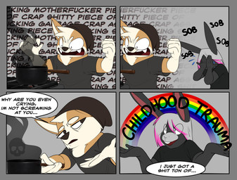 4_panel_comic beanie black_body black_fur clothed clothing comic_panel fur hair hat headgear headwear humor orange_body orange_fur shirt speech_bubble t-shirt topwear white_hair yellow_body yellow_fur corginamedbruno canid canine canis domestic_dog herding_dog lagomorph leporid mammal pastoral_dog rabbit welsh_corgi absurd_res comic hi_res