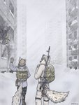 anthro blizzard_(weather) city clothed clothing cold destroyed_building group gun looking_at_viewer looking_back post-apocalyptic ranged_weapon rifle sniper_rifle snow urban weapon weremlems arctic_wolf canid canine canis mammal wolf 3:4 absurd_res hi_res