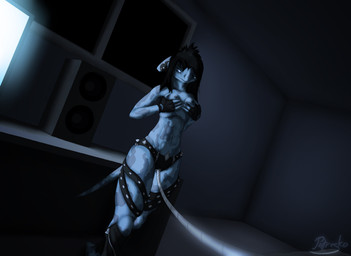 anthro bdsm belt black_hair blue_body blue_eyes blue_skin breasts clothed clothing desk dutch_angle female first_person_view fondling furniture gloves hair hand_on_breast handwear holding_breast inside long_hair long_tail looking_at_viewer markings metal multicolored_body multicolored_skin nipples nude partially_clothed rope self_fondle smile smirk solo speaker spikes spots spotted_body spotted_skin table tail two_tone_body two_tone_skin window petresko alien monster sepilian hi_res restricted_palette