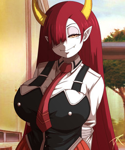 big_breasts biped black_clothing bottomwear breasts clothed clothing detailed_background eyelashes female fingers hair hair_over_eye horn inside long_hair not_furry pupils red_bottomwear red_clothing red_hair red_skirt school_uniform skirt smile solo uniform white_body dalley-the-alpha bible_black disney star_vs._the_forces_of_evil hekapoo horned_humanoid humanoid 5:6 hi_res