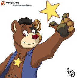anthro black_hair black_markings blue_clothing blue_topwear blue_vest brown_body brown_eyes brown_fur clothed clothing front_view fur glistening glistening_eyes hair logo looking_at_viewer male male_anthro markings mouth_closed open_clothing open_topwear open_vest red_nose short_hair simple_background solo star star_(marking) text topwear vest white_background pandapaco bear mammal artist_logo signature url
