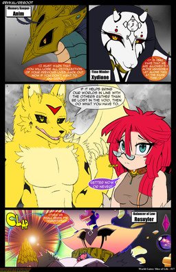 anthro armor black_sclera choker clothed clothing dialogue eyewear female fur glasses glowing green_body green_scales group hair jewelry male necklace open_mouth orange_eyes red_hair roman_numeral scales sound_effects speech_bubble swallowing text topwear white_body yellow_body yellow_eyes yellow_fur viroveteruscy buckle:_slave_and_monster world_gates anim_(viroveteruscy) archlight_(viroveteruscy) natelle_kirillov rosuyler_(viroveteruscy) vilitan_blusha xydione_(viroveteruscy) canid canine deity demon fox human hybrid mammal 2026 absurd_res comic english_text hi_res