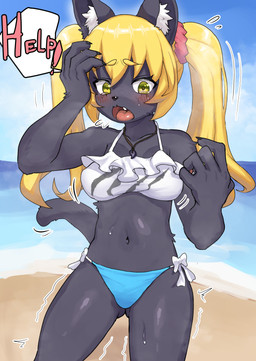 5_fingers after_transformation anthro beach bikini bikini_bottom black_body black_fur blonde_hair blush bodily_fluids breasts clothing cloud day dialogue distressed female fingers fur hair jewelry kemono navel open_mouth outside pendant pigtails shaking solo surprised sweat swimwear tail text trembling two-piece_swimsuit water yellow_eyes toribako domestic_cat felid feline felis mammal 2025 digital_media_(artwork) english_text hi_res