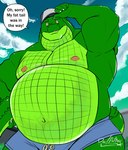 adjusting_hat anthro baseball_cap belly bottomwear clothing cloud detailed_background green_body green_eyes green_scales hat headgear headwear holding_tail looking_at_viewer male musclegut muscular muscular_anthro muscular_arms muscular_male navel nipples non-mammal_nipples overweight overweight_anthro overweight_male scales shorts solo speech_bubble tail text deadanthro dan_(deadanthro) alligator alligatorid crocodilian reptile scalie 2021 english_text