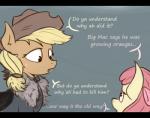 2015 accessory apple_bloom_(mlp) applejack_(mlp) black_bars blonde_hair bow_(feature) bow_accessory bow_ribbon centered_hair_bow clothed clothing cowboy_hat dialogue duo earth_pony english_text equid equine female feral friendship_is_magic fur furred_clothing game_of_thrones grey_background hair hair_accessory hair_bow hair_ribbon hasbro hat headgear headwear horse letterbox low_res mammal my_little_pony ned_stark ponegranate pony red_hair ribbons robb_stark sibling_(lore) simple_background sister_(lore) sisters_(lore) text yellow_body yellow_fur