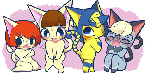 anthro blonde_hair blue_eyes blue_hair bob_cut bodily_fluids brown_hair cheek_spots chibi covering covering_chest covering_crotch covering_self crying embarrassed eyes_closed eyewear featureless_butt featureless_chest featureless_crotch featureless_feet feet female flat_chested glasses grey_body group hair kneeling lineup looking_aside looking_back male markings nervous nude pink_background red_hair seiza shy simple_background sitting standing striped_markings striped_tail stripes sweat sweatdrop tail tail_markings tan_body tears uraeus wearing_glasses yellow_body seologi animal_crossing nintendo ankha_(animal_crossing) felicity_(animal_crossing) merry_(animal_crossing) raymond_(animal_crossing) domestic_cat felid feline felis mammal 2020 digital_media_(artwork)