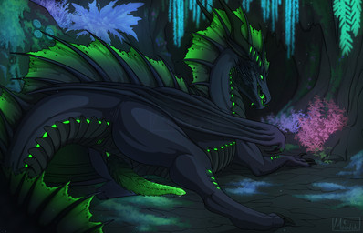 4_horns animal_genitalia animal_penis anus big_tail black_body black_claws black_scales butt cave claws detailed_background digitigrade dorsal_frill feral forest frill_(anatomy) genital_slit genitals glowing glowing_eyes glowing_genitalia glowing_markings glowing_penis glowing_plants glowing_tongue gradient_penis green_anus green_eyes green_frill green_penis green_tongue head_crest head_frill horn long_neck long_penis long_tail male markings membrane_(anatomy) membranous_wings multi_horn multi_tongue nature nature_background no_pupils open_mouth paws penile_spines penis plant quadruped ribbed_penis scales smile snout solo spines tail tapering_penis thick_tail toe_claws tongue tongue_out tree unusual_anatomy wings moonski european_mythology mythology vethrax_(skyebold) dragon mythological_creature mythological_scalie scalie western_dragon 2022 alternate_version_at_source colored digital_drawing_(artwork) digital_media_(artwork) hi_res