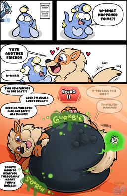 after_vore belly black_belly blue_body blue_eyes blue_fin dialogue digestion duo feral feral_pred feral_prey fur heart_symbol lying on_side orange_body speech_bubble tail tail_motion tailwag talking_feral tan_body tan_fur text unwilling_prey vore hajimedaotter nintendo pokemon arcanine dialga generation_1_pokemon generation_2_pokemon generation_4_pokemon lanturn legendary_pokemon pokemon_(species) 2026 comic english_text hi_res watermark