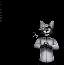 anthro black_background black_bottomwear black_clothing black_necktie black_pants bottomwear clothing emanata fangs fur green_eyes grey_body grey_fur happy inner_ear_fluff looking_at_viewer male necktie open_mouth open_smile pants sharp_teeth shirt simple_background smile smiling_at_viewer solo teeth topwear tuft white_clothing white_fingers white_shirt white_topwear zelyonka canid canine fox mammal 3d_(artwork) digital_media_(artwork) hi_res source_filmmaker_(artwork) watermark