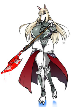 anthro axe barefoot battle_axe big_breasts blonde_hair blood bodily_fluids breasts feet female hair huge_breasts long_hair solo thick_thighs white_body wide_hips henriiku_(ahemaru) kemofujin_(comic) taimanin_(series) kemofujin canid canine canis domestic_dog mammal