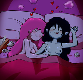 after_sex bed black_hair bodily_fluids candy dessert duo eyes_closed female female/female food food_hair furniture grey_body grey_skin hair heart_symbol humanoid_pointy_ears not_furry on_bed pillow pink_body pink_skin pointy_ears pseudo_hair romantic romantic_couple sweat tissue tissue_box under_covers fizzyspidercider2 adventure_time cartoon_network marceline_abadeer princess_bubblegum candy_humanoid candy_people_(at) food_creature food_humanoid humanoid living_candy vampire hi_res