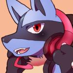 ambiguous_gender anthro black_headphones blue_body blue_fur electronics fur headphones looking_at_viewer multicolored_headphones open_mouth red_eyes red_headphones smile solo teeth tongue ruri_tsubame nintendo pokemon canid canine generation_4_pokemon lucario mammal pokemon_(species) 1:1 low_res unavailable_at_source