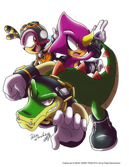 anthro chain_necklace clothing electronics footwear gloves gold_(metal) gold_jewelry gold_necklace green_body group handwear headphones jewelry male necklace pink_body shoes simple_background tail teeth white_background yuski sega sonic_the_hedgehog_(series) charmy_bee espio_the_chameleon vector_the_crocodile arthropod bee chameleon crocodile crocodilian hymenopteran insect lizard meller's_chameleon reptile scalie source_request