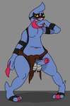 absurd_res anthro balls blue_body bottomwear brown_clothing clothing funky_hop generation_4_pokemon genitals hi_res loincloth male nintendo penis pokemon pokemon_(species) simple_background solo thick_thighs torn_clothing toxicroak yellow_eyes