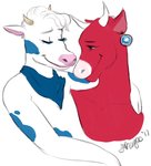 anthro blue_body blue_fur duo ear_piercing female female/female fur horn mascot nude piercing red_body red_fur smile cowboy_(artist) bel_group lactaid lactaid_cow the_laughing_cow bovid bovine cattle holstein_friesian_cattle mammal 2017 signature