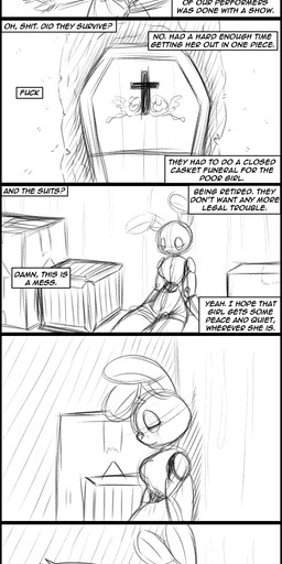 coffin cross crossgender death dialogue female machine text mizumew five_nights_at_freddy's five_nights_at_freddy's_3 scottgames springtrap_(fnaf) animatronic lagomorph leporid mammal rabbit robot robot_anthro absurd_res comic english_text hi_res monochrome