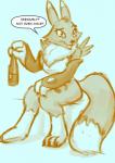 anthro beer_bottle biped blue_background bottle bottomless breasts chest_tuft clothed clothing container dialogue female gloves handwear holding_object leg_markings markings question_mark simple_background sitting socks_(marking) solo speech_bubble text tuft bluedouble bandai_namco digimon canid digimon_(species) mammal renamon english_text hi_res sketch