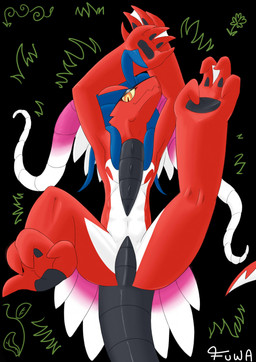 abs blue_hair feathers feral gesture hair lying male on_back orange_eyes pawpads paws raised_paw red_body simple_background smug_face solo spread_legs spreading suggestive suggestive_gesture tail tapering_tail mr_fuwa mythology nintendo pokemon ancient_pokemon dragon generation_9_pokemon koraidon legendary_pokemon limited_build_koraidon mythological_creature mythological_scalie paradox_pokemon pokemon_(species) scalie hi_res