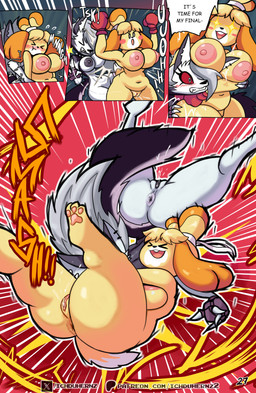 anthro anus areola biped bodily_fluids boxing_gloves breasts butt clothing dialogue eyelashes female female/female genital_fluids genitals handwear nipples pupils smile sound_effects speech_bubble text thick_thighs vaginal_fluids vowelless vowelless_sound_effect vulva white_body wrestling yellow_body ichduhernz animal_crossing hellaverse helluva_boss mythology nintendo isabelle_(animal_crossing) loona_(helluva_boss) canid canid_demon canine canis demon domestic_dog hellhound mammal mythological_canine mythological_creature shih_tzu toy_dog 2025 absurd_res english_text hi_res