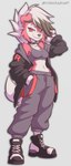 2023 anthro bottomwear breasts chest_tuft choker claws clothed clothing crop_top ear_piercing eyebrow_piercing facial_piercing female finger_claws fingers footwear fully_clothed generation_7_pokemon hand_in_pocket hi_res jacket jewelry looking_at_viewer lycanroc medium_breasts midnight_lycanroc midriff navel necklace nintendo pants piercing pockets pokemon pokemon_(species) red_eyes shirt shoes simple_background smile solo tail tank_top team_rocket topwear tuft yorusagi
