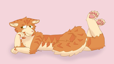 anthro fur green_eyes lying male nipples on_front orange_body orange_fur paws pink_background simple_background smile solo tail abys_171 felid feline mammal 16:9 4k absurd_res hi_res widescreen
