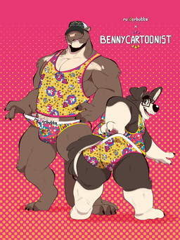 anthro baseball_cap bent_over briefs_pull bulge butt clothing clothing_pull duo eyewear furgonomic_headwear furgonomics furry-specific_brand glasses good_boy halftone_background hat hat_over_eyes headgear headwear male muscular muscular_male pattern_background pattern_clothing pattern_underwear pecs pink_clothing pink_underwear presenting presenting_hindquarters presenting_underwear shirt simple_background smile tank_top topwear underwear underwear_pull waistband_pull wide_stance yellow_clothing yellow_underwear bennycartoonist rudderbutts benny_(bennycartoonist) lars_(rudderbutts) border_collie canid canine canis collie domestic_dog giant_otter herding_dog mammal mustelid otter pastoral_dog river_otter sheepdog absurd_res full-length_portrait halftone hi_res portrait promotional_material