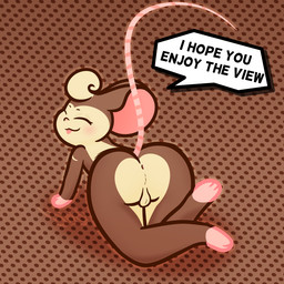 anthro anus balls blush brown_body brown_fur butt butt_heart eyes_closed fur genitals looking_back male mouse_tail pattern_background raised_tail rear_view simple_background small_nose solo tail text tongue tongue_out shountar cinnamon_(shountar) mammal mouse murid murine rodent 1:1
