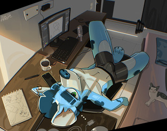 ambiguous_feral ambiguous_gender anthro anthro_focus bulge cellphone clothed clothing coffee_cup computer computer_keyboard computer_mouse container cup detailed_background drawing_tablet dumbbell duo ear_piercing electronics ellipsis eyebrows feral fur high-angle_view looking_at_viewer male male_anthro male_focus markings microphone multicolored_body multicolored_fur navel phone piercing sketchbook solo_focus spots spotted_body spotted_fur underwear underwear_only weights ankorthewolf ankor_(ankorthehyena) domestic_cat felid feline felis hyena mammal absurd_res hi_res signature