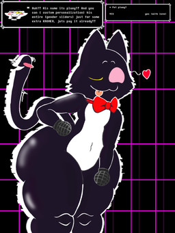 anthro big_butt butt electronics femboy glistening glistening_body male microphone microphone_hands text thick_thighs lilith_bz_(artist) deltarune undertale_(series) cat_mike_(deltarune) mike_(deltarune) spamton_g._spamton darkner felid feline mammal 3:4 english_text hi_res