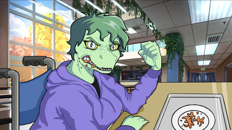 angry anthro biped black_clothing black_shirt black_topwear breasts cafeteria clenched_teeth clothed clothed_anthro clothed_female clothing cookie day detailed_background disability eating female fingers fist food freckled_face freckles furniture glare green_body green_hair grey_eyes hair hallway hoodie humanoid_hands inside looking_at_viewer lunch_tray non-mammal_breasts paraplegic plant plate purple_clothing purple_hoodie purple_topwear school shadow sharp_teeth shirt short_hair sitting solo table teeth topwear tree vehicle vines wheelchair window yellow_sclera sebek_fereh_ra cavemanon_studios i_wani_hug_that_gator olivia_halford baryonyx dinosaur prehistoric_species reptile saurischian scalie spinosaurid theropod colored hi_res shaded