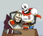 angry armor bone clothing duo food gloves handwear hood not_furry pasta simple_background skeleton spaghetti text brieonabentley runescape undertale undertale_(series) lucien_(runescape) papyrus_(undertale) animated_skeleton humanoid mahjarrat undead 6:5 crossover english_text