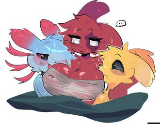 ambiguous_gender anthro bandage bandaged_chest big_breasts black_eyes blue_body blue_fur blush breasts ellipsis facial_scar female fur gills group huge_breasts mature_female pink_eyes red_body red_ears red_fur scar smile trio wet_breasts white_eyes yellow_body yellow_fur shiyaa_stuff rain_world videocult artificer_(rain_world) monk_(rain_world) rivulet_(rain_world) humanoid slugcat