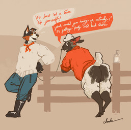 anthro ascot butt butt_heart clothing dialogue duo ear_piercing ear_tag facial_piercing fence fur holding_leash holding_object inviting inviting_to_sex inviting_viewer leash looking_at_viewer looking_back lube_bottle male nose_leash nose_piercing nose_ring open_mouth open_smile piercing red_clothing red_sweater red_topwear ring_piercing sheared simple_background smile sweater talking_to_viewer text topwear white_clothing white_sweater white_topwear wool_(fur) timesnewhomo ecru_(timesnewhomo) australian_shepherd bovid canid canine canis caprine domestic_dog herding_dog mammal pastoral_dog sheep sheepdog 2025 digital_media_(artwork) english_text hi_res