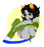 2_horns black_hair blue_tail cat_lingerie clothed clothing female fur green_clothing grey_body grey_skin hair horn knees_pulled_up legwear lingerie multicolored_clothing multicolored_legwear multicolored_thigh_highs orange_eyes pattern_clothing pattern_legwear pattern_thigh_highs skimpy striped_clothing striped_legwear striped_thigh_highs stripes tail thigh_highs two_tone_clothing two_tone_legwear two_tone_thigh_highs young young_female young_humanoid dpbleu homestuck ms_paint_adventures nepeta_leijon alien animal_humanoid felid felid_humanoid feline feline_humanoid humanoid mammal mammal_humanoid troll_(homestuck)