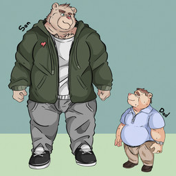 age_difference anthro belly bottomwear bulge clothed clothing collared_shirt digit_ring duo footwear fully_clothed fur jacket jewelry looking_at_another male married muscular older_male overweight overweight_anthro overweight_male pants polo_shirt ring ring_(jewelry) shirt shoes short short_legs size_difference slightly_chubby smile standing sweatpants tall tan_body tan_fur topwear wedding_ring cosmic51moon daniel_(cosmic51moon) bear mammal hi_res father_(lore) father_and_child_(lore) father_and_son_(lore) parent_(lore) parent_and_child_(lore) parent_and_son_(lore) son_(lore)