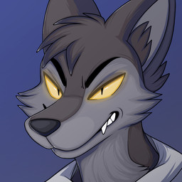 anthro big_ears biped black_body black_fur black_inner_ear_fluff black_nose blue_background cheek_tuft close-up clothing coat countershade_fur countershading evil_grin eyebrows facial_tuft fangs fluffy_ears fur glowing glowing_eyes gradient_background grey_body grey_fur head_tuft inner_ear_fluff lab_coat looking_at_viewer male multicolored_body multicolored_fur narrowed_eyes pivoted_ears pupils simple_background slit_pupils smile snaggle_tooth snarling snout solo teeth topwear tuft two_tone_body two_tone_fur white_clothing white_topwear yellow_eyes yellow_sclera hachimakiyaki janusz canid canine canis hybrid mammal wolf wolfdog 1:1 2026 bust_portrait digital_drawing_(artwork) digital_media_(artwork) icon portrait
