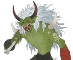 clothed clothing ear_piercing ear_ring hair horn long_hair looking_at_viewer male muscular open_mouth piercing ring_piercing skull_and_crossbones solo spikes tongue topless white_hair galehowl bandai_namco digimon digimon_(species) ogremon