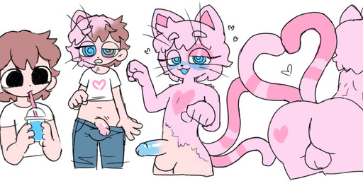 2_tails backsack balls beverage blue_blush blush bottomwear bottomwear_down clothed clothing erection fur genitals gesture heart_symbol human_to_anthro humanoid_genitalia humanoid_penis looking_at_viewer male multi_tail pants pants_down partially_clothed paw_pose penis pink_body pink_fur pose solo species_transformation spiral spiral_eyes tail tail_gesture tail_heart transformation transformation_sequence transformation_through_food undressing popstick domestic_cat felid feline felis mammal 2024 hi_res