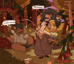 anthro aphrodisiac areola aroused balls blush bodily_fluids braided_hair breast_grab breasts clothing cum cum_on_ground cumshot detailed_background duo ejaculation enjoying eyewear female flower forest genital_fluids genitals glasses grass gynomorph hair hand_on_breast hands-free heart_eyes heart_symbol hooves humanoid_genitalia humanoid_penis intersex looking_pleasured mind_alteration orgasm outside penis plant round_glasses sitting speech_bubble spontaneous_ejaculation spread_legs spreading sweater text topwear tree undressing vaginal_fluids vaginal_squirting vulva puppeypawbs mythology amaranth_moontill tikana_vidraal bovid bovine cattle dragon mammal mythological_creature mythological_scalie scalie 2025 english_text hi_res