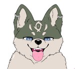 ambiguous_gender black_nose blue_eyes canine_teeth countershading ear_piercing ear_ring feral fluffy fluffy_ears fur green_body green_fur neck_tuft piercing pink_tongue ring_piercing solo tan_body tan_fur teeth tongue tuft uvula parooty nintendo the_legend_of_zelda link_(wolf_form) canid canine canis mammal wolf